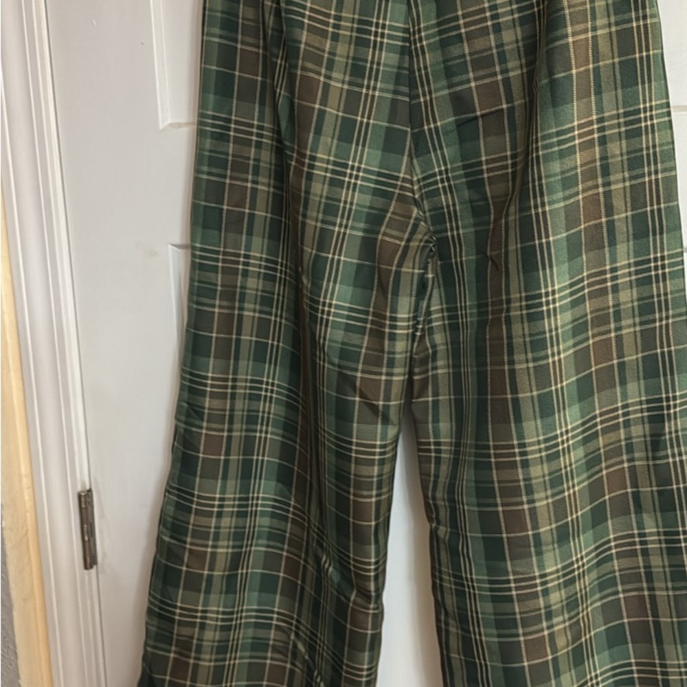 Green Plaid Wide-Leg Pants
